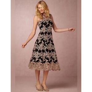 Anthropologie Black Midi Dress with Gold Lace Embroidery